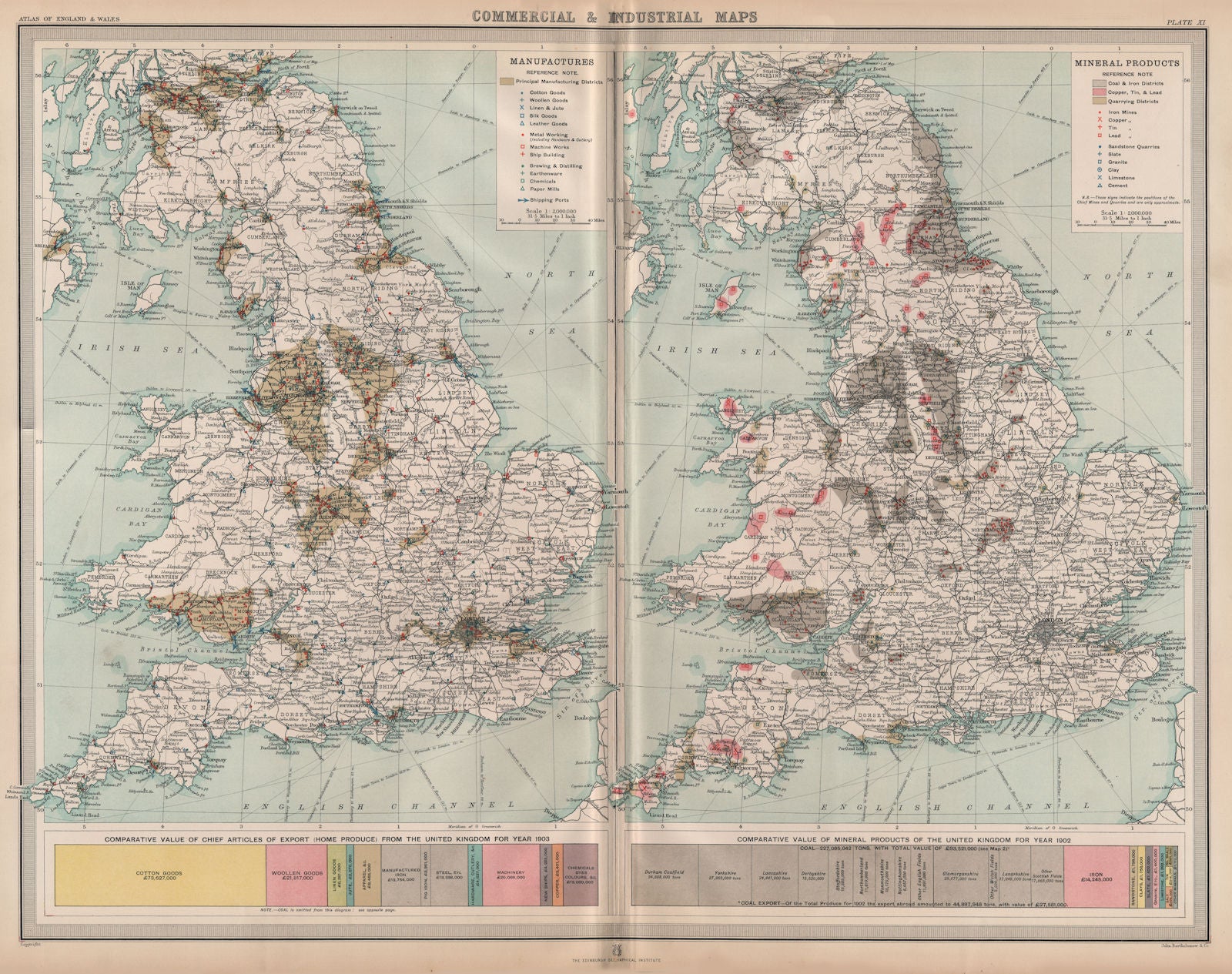 ENGLAND WALES. Mining Manufacturing Products Industries Coal Cu Tin Pb 1903 map